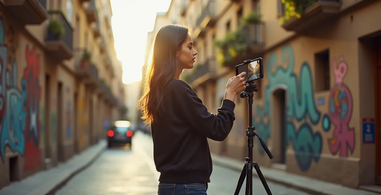 Poeta joven grabando un reel con su teléfono móvil en un rincón urbano de Madrid con grafiti artístico de fondo