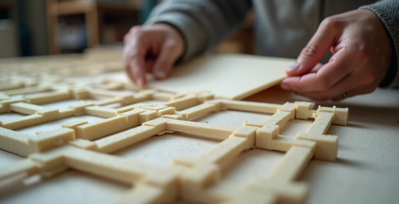 Paneles de poliestireno y telas tensadas en proceso de montaje teatral