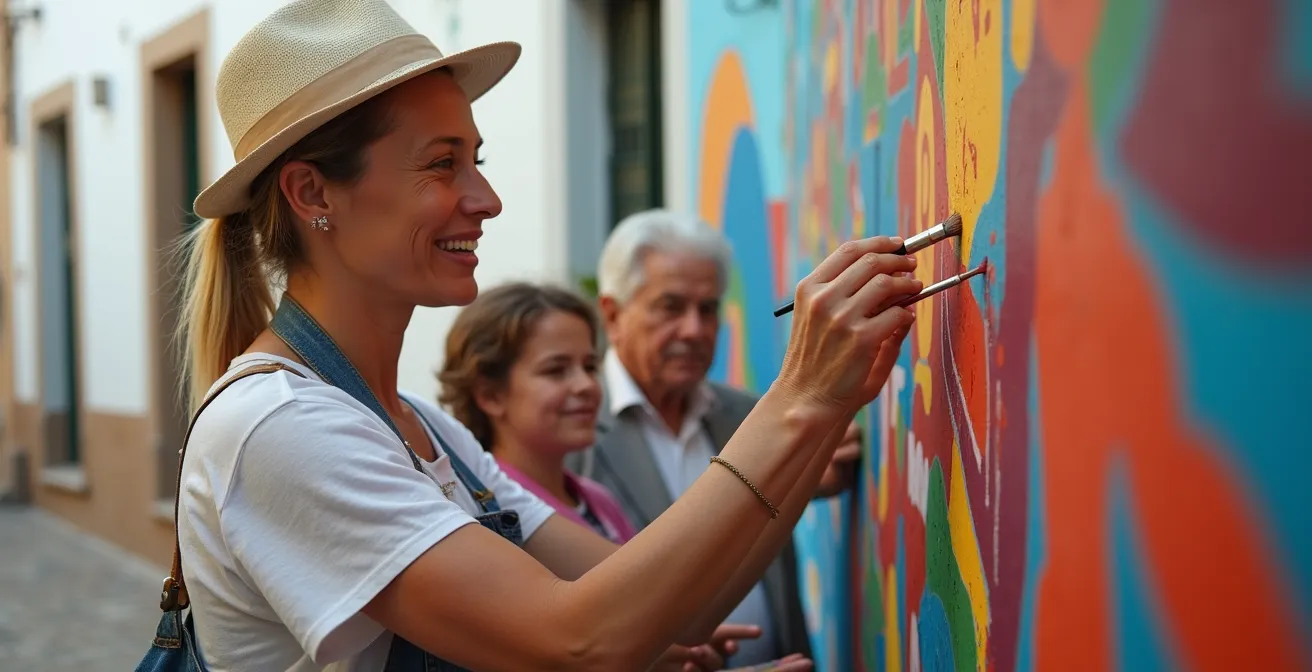 Artista local pintando un mural con la participación de vecinos del pueblo en España