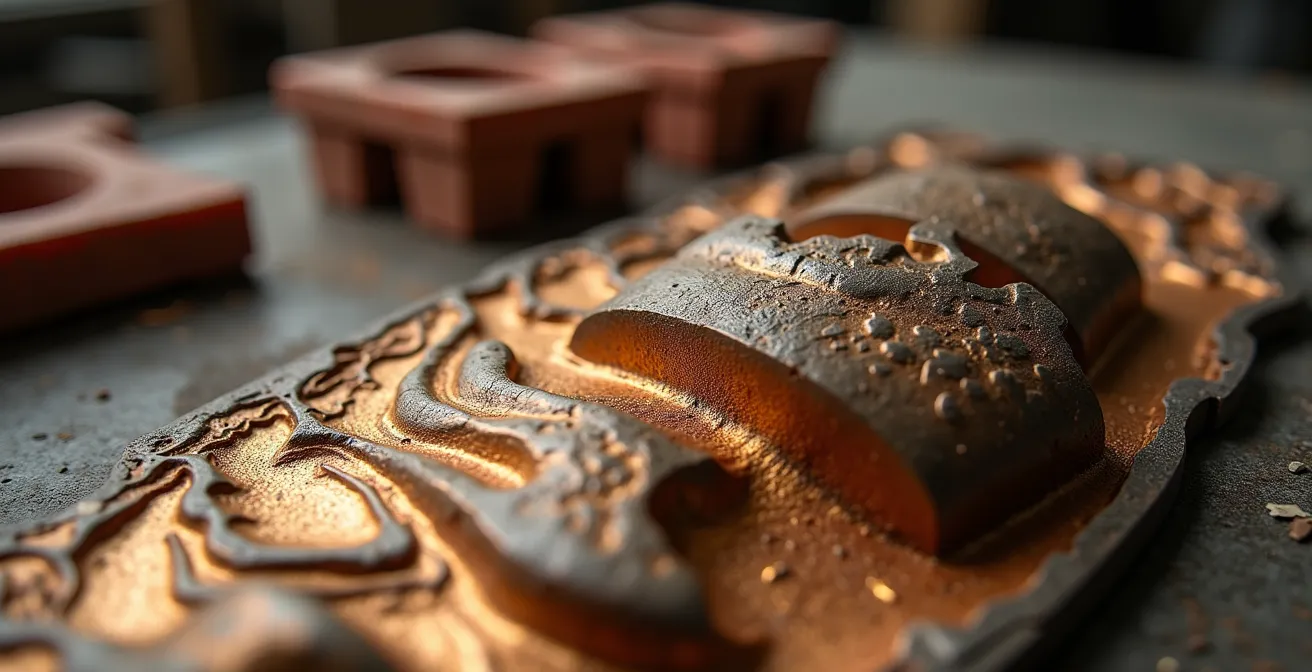 Proceso de fundición a la cera perdida mostrando moldes y piezas de bronce en diferentes etapas