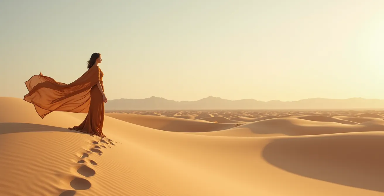 Retrato con 80% de espacio vacío en paisaje desértico que evoca soledad y escala.