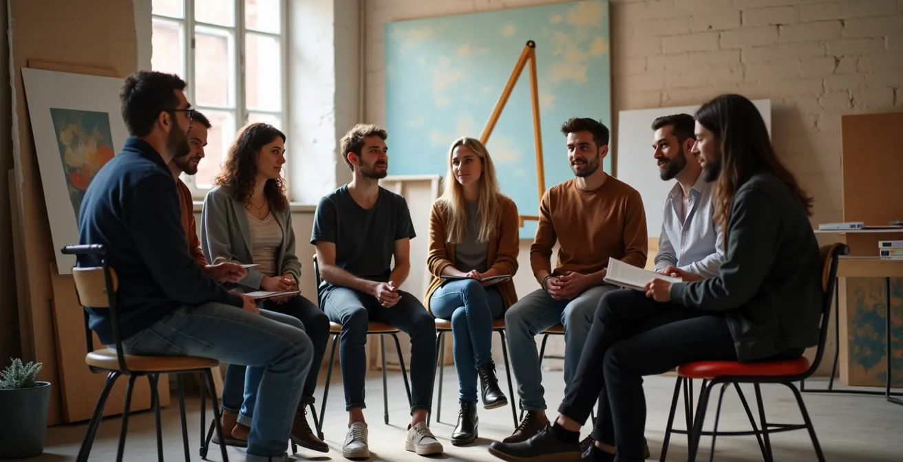 Reunión de artistas en asamblea dentro de un taller compartido luminoso