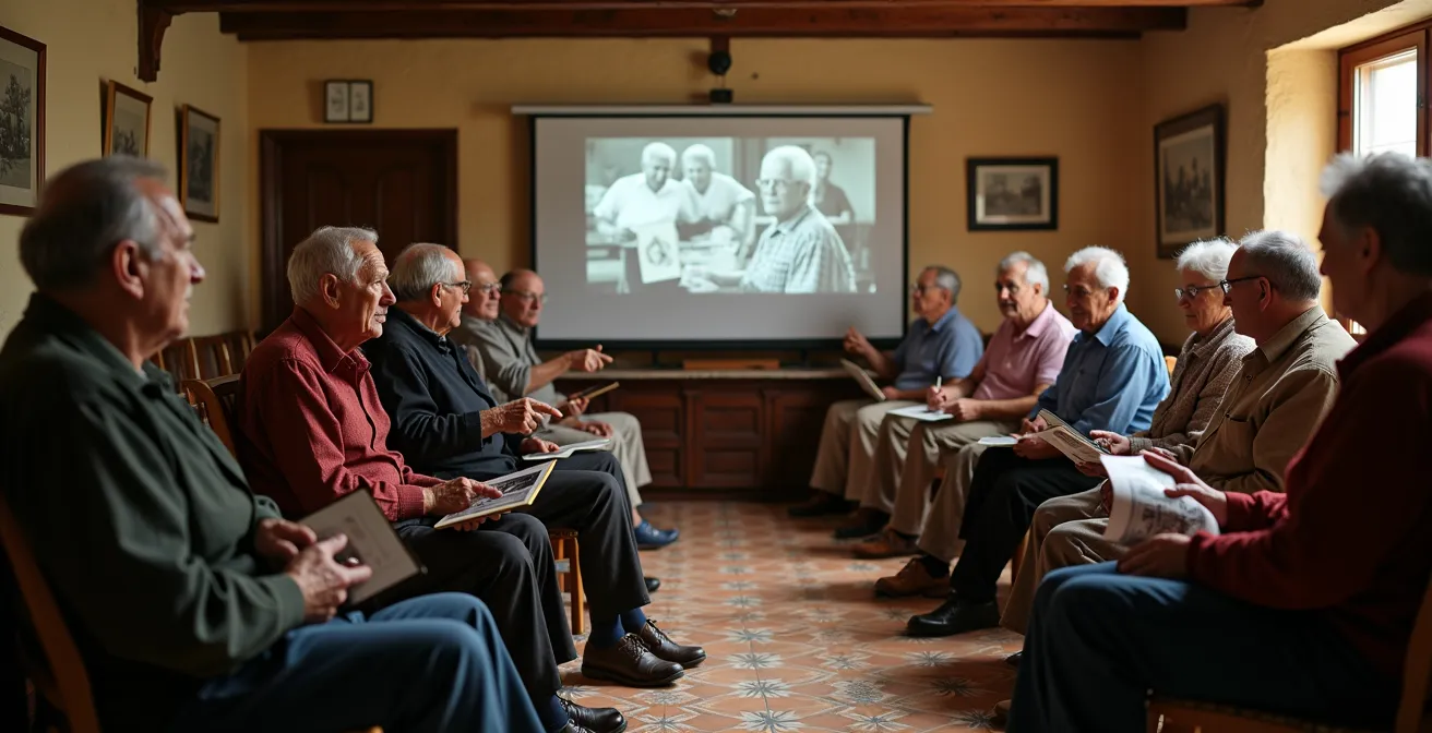 Reunión comunitaria donde vecinos mayores observan fotografías antiguas proyectadas en una pared