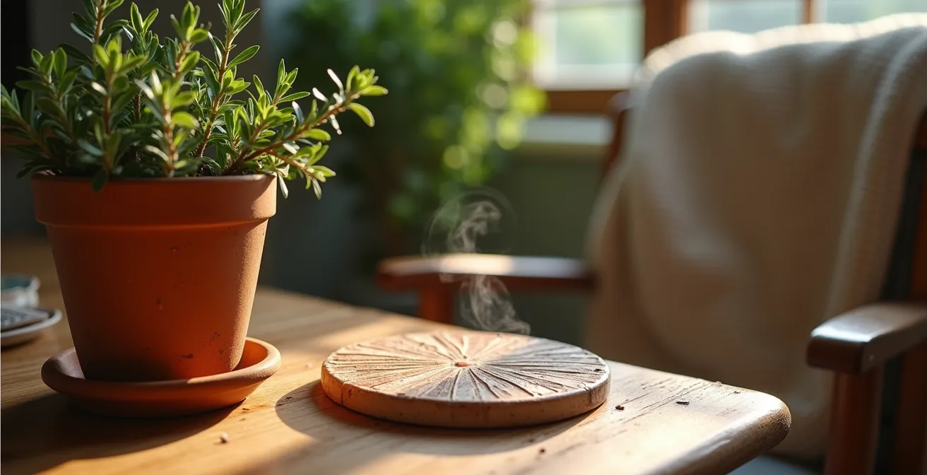 Micro-espacio de escritura delimitado en salón compartido con elementos mediterráneos