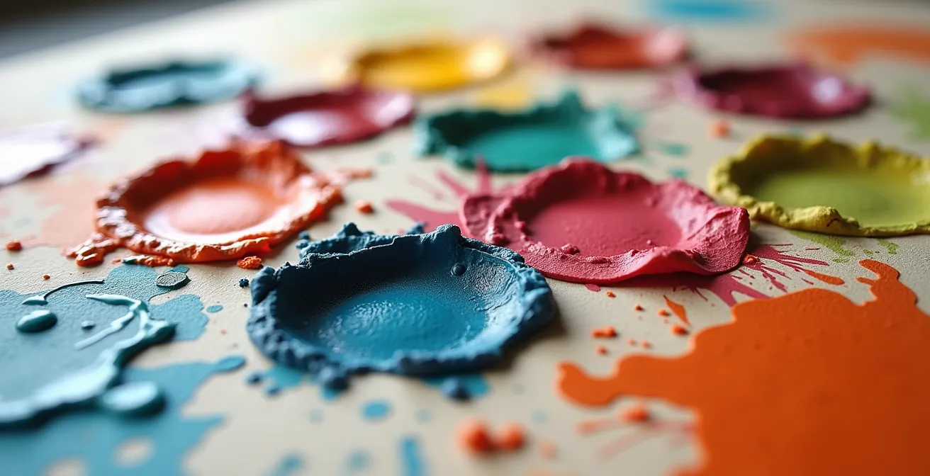 Detalle macro de una rúbrica de evaluación artística con texturas y colores