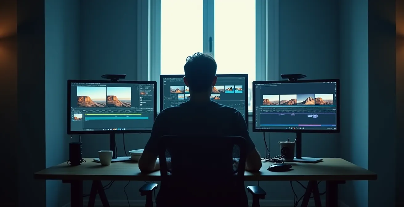 Editor de cine trabajando en sala de montaje con múltiples monitores mostrando diferentes tomas