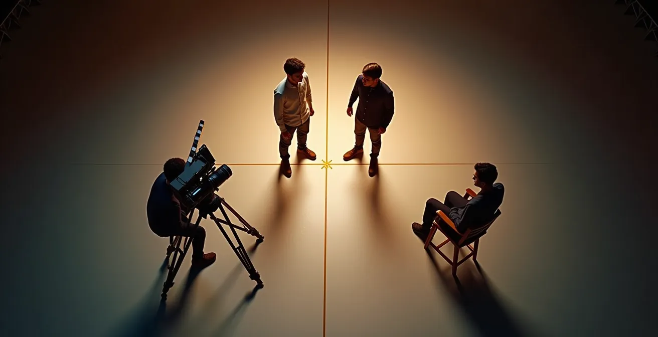 Esquema visual cinematográfico mostrando el salto de eje intencional con cámara y actores