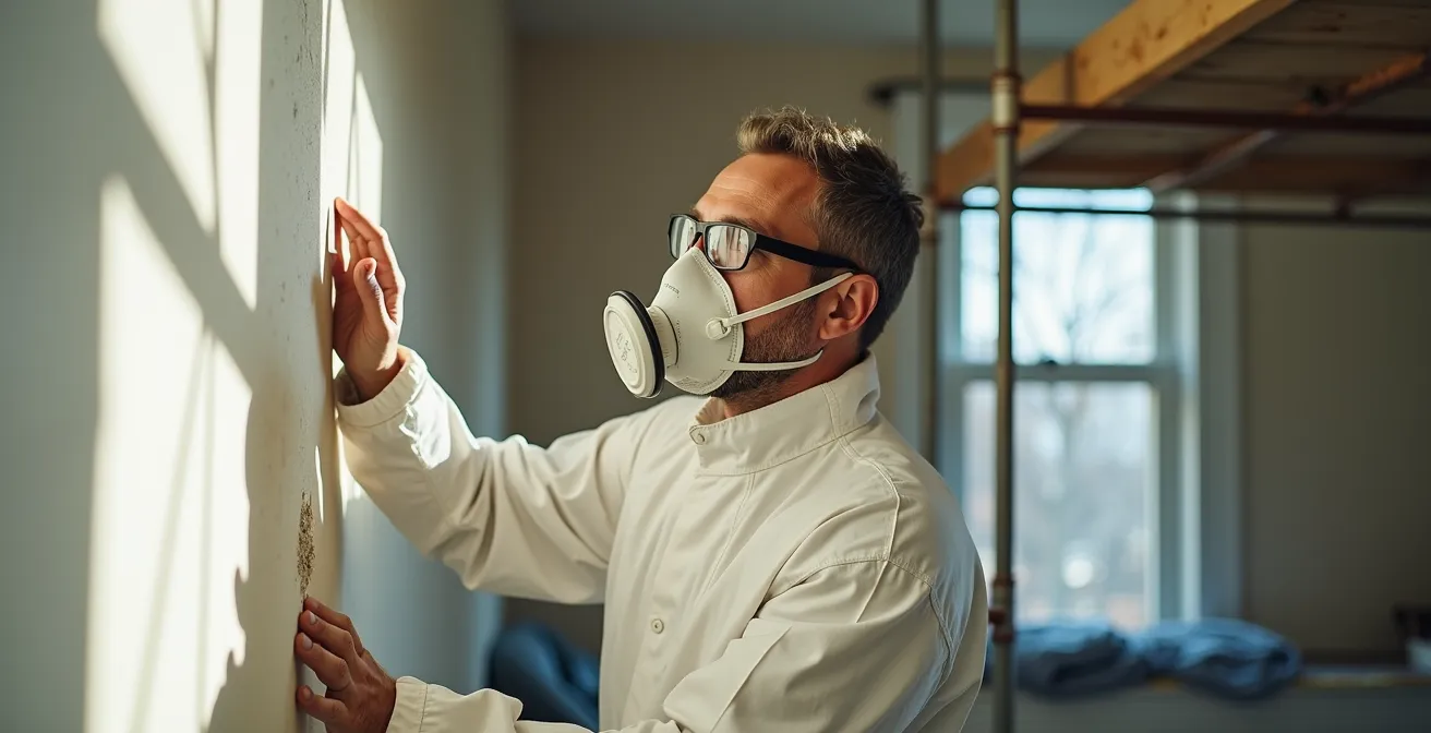 Espacio de trabajo de restauración mural con medidas de seguridad y ventilación adecuadas en interior doméstico
