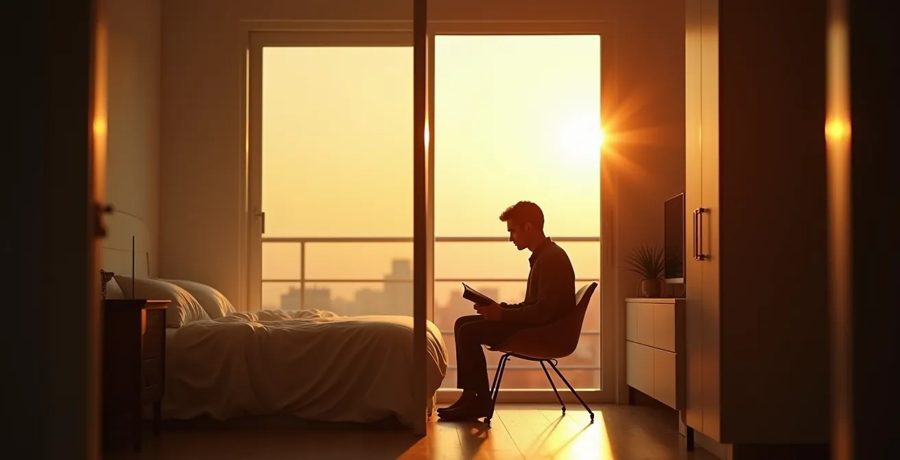 Separación de cristal entre dormitorio y salón permitiendo el paso de luz natural