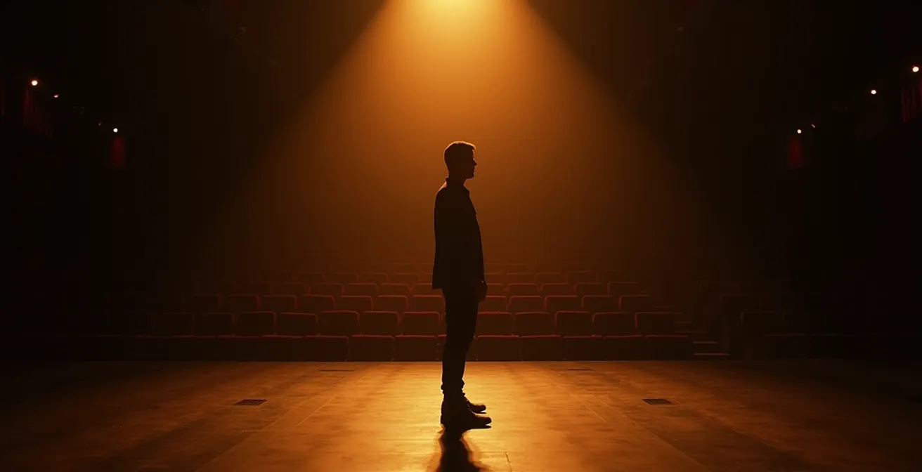 Momento de silencio teatral con actor inmóvil bajo luz tenue