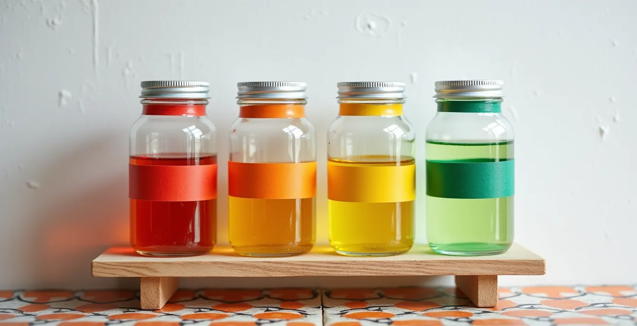 Sistema de organización con frascos etiquetados por colores para médiums magros y grasos en estudio pequeño