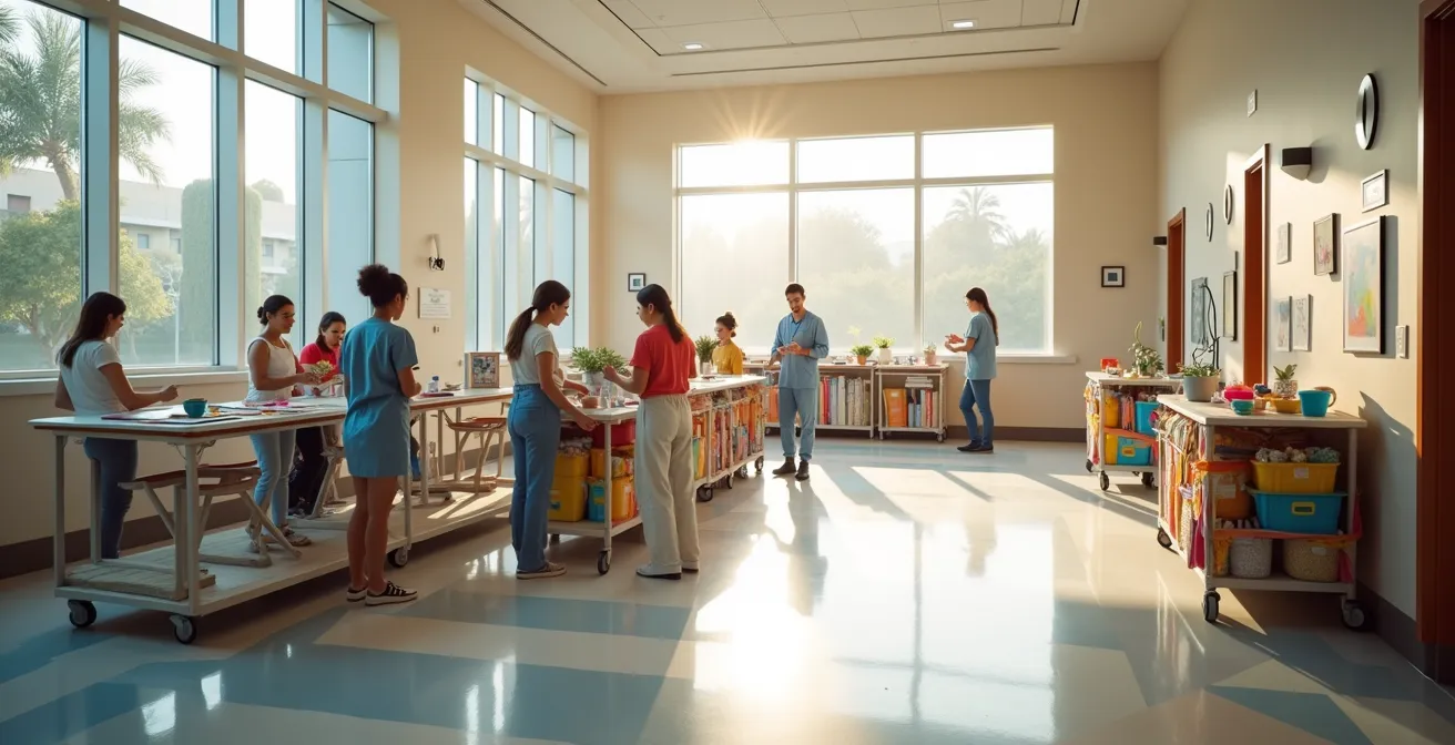 Espacio hospitalario con materiales artísticos y pacientes creando obras en ambiente terapéutico