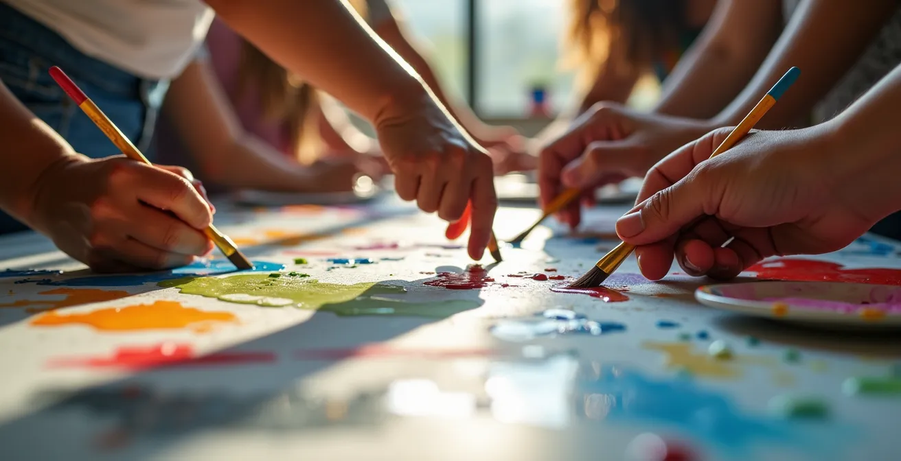Facilitador artístico usando pictogramas y gestos para dirigir taller de pintura multicultural