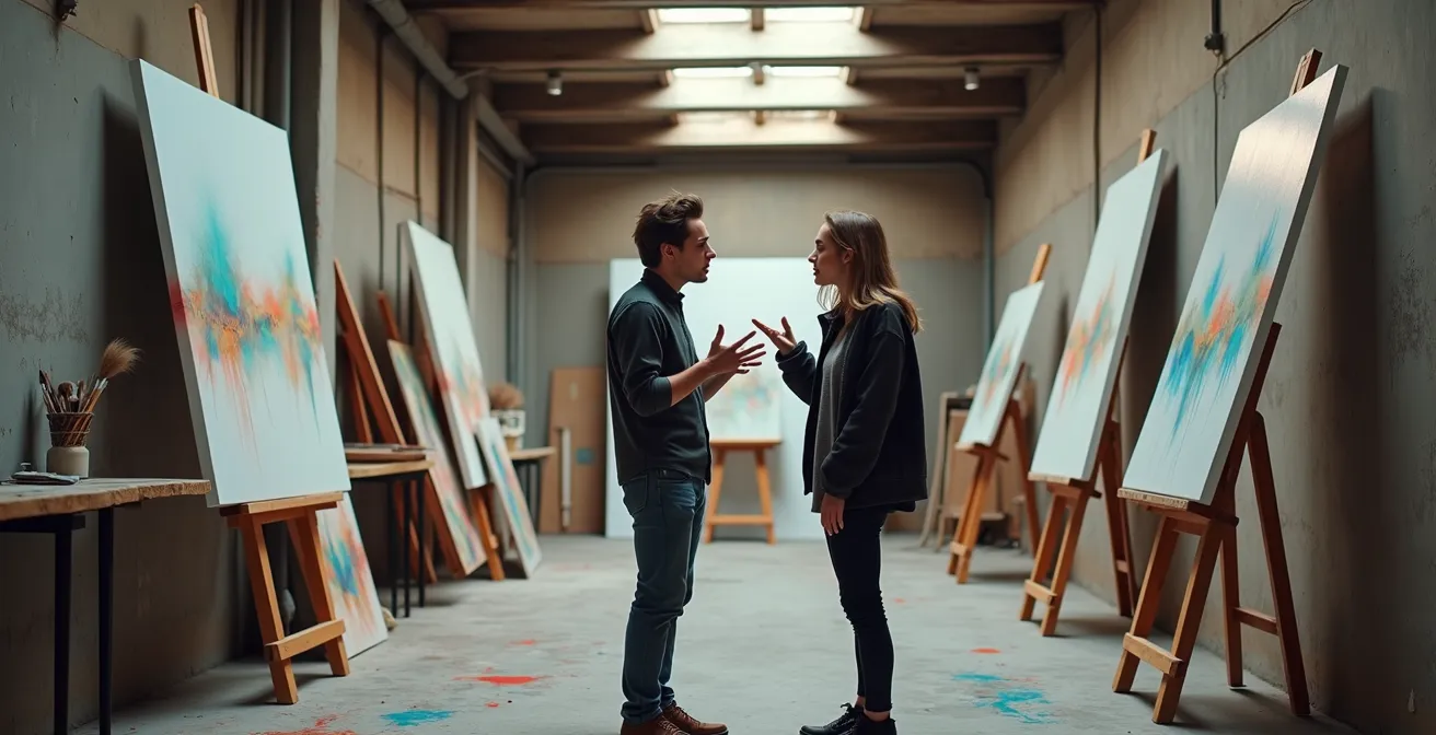 Interior de taller de artista en el barrio de Poblenou de Barcelona con obras en proceso