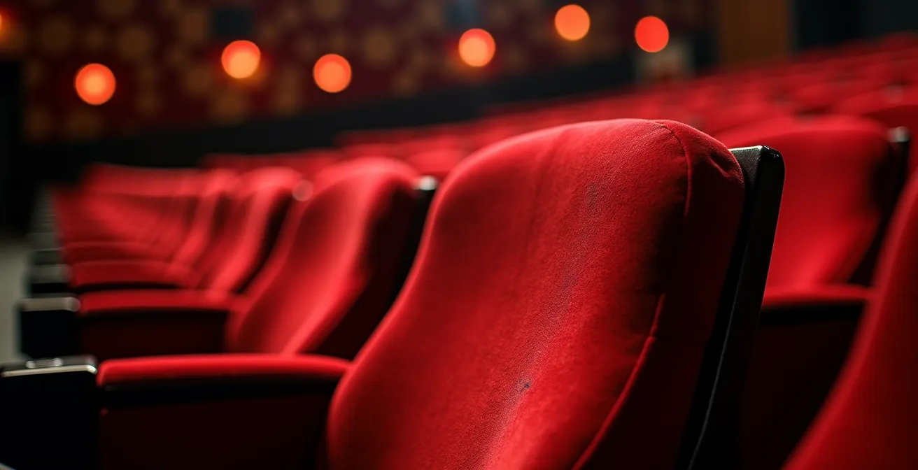 Interior de teatro municipal español con 300 butacas rojas parcialmente ocupadas