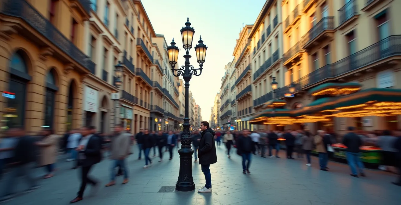 Técnica de composición usando elementos urbanos fijos para aislar sujetos en calles concurridas
