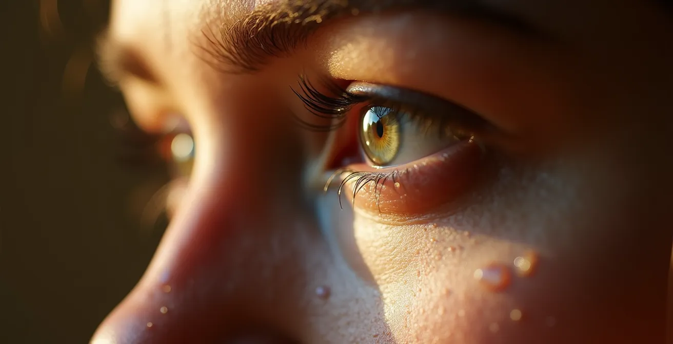 Actriz española en primer plano mostrando intensidad emocional contenida durante rodaje