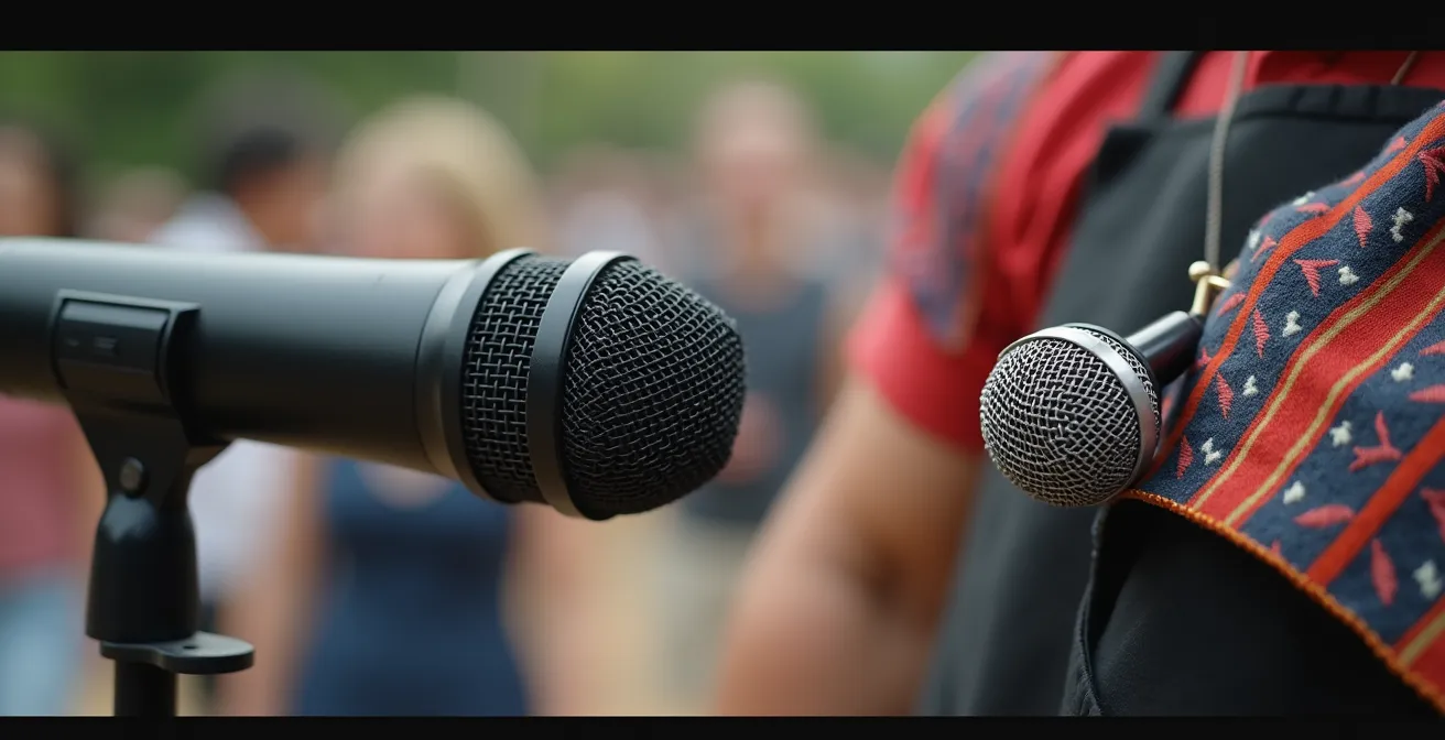 Comparación visual de técnicas de grabación con micrófono direccional y lavalier en romería tradicional