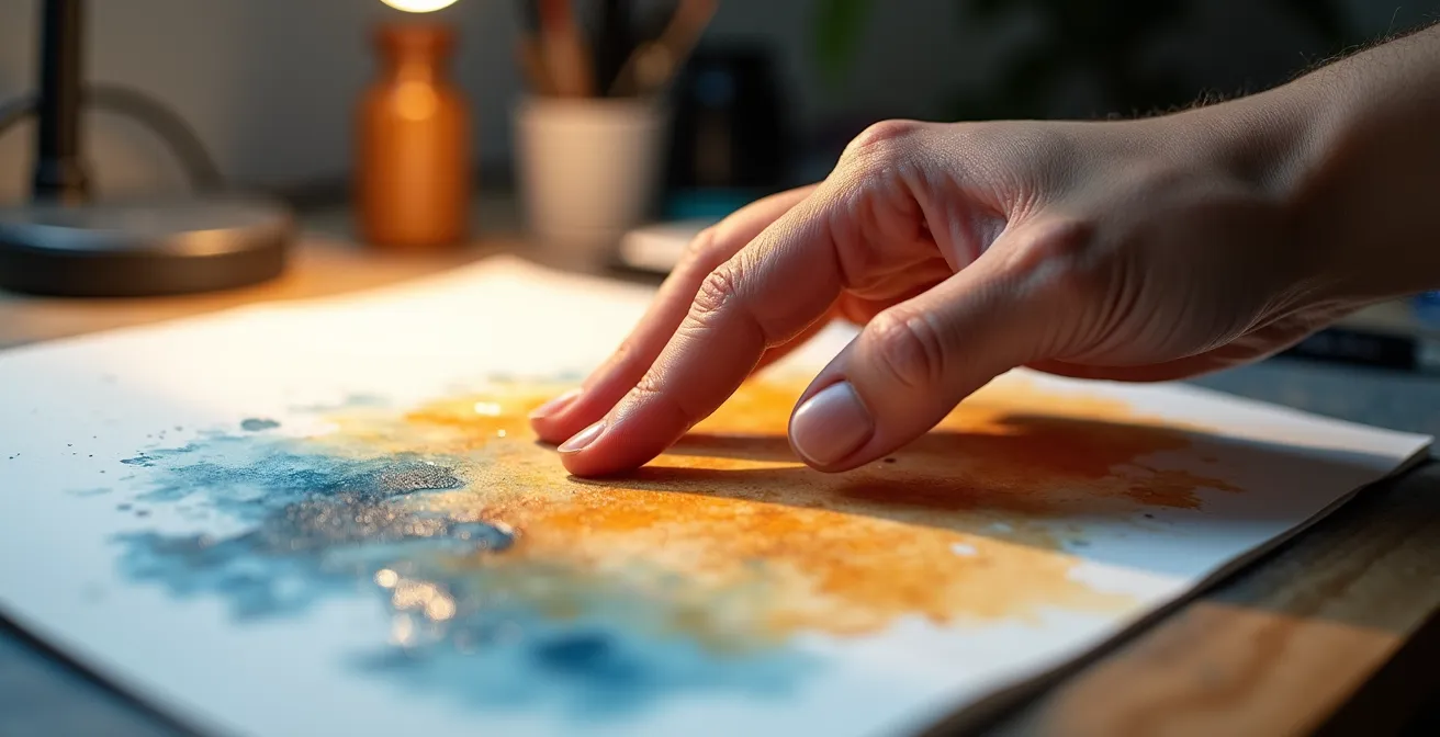Primer plano de una mano tocando suavemente la superficie de un papel de acuarela para comprobar su temperatura y humedad.