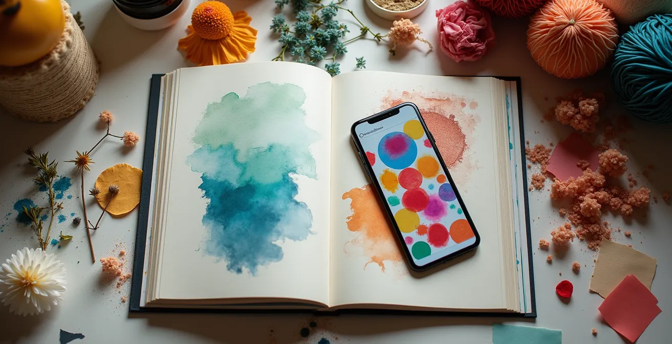Mesa de trabajo con libro de artista abierto, smartphone mostrando feed abstracto y materiales de performance