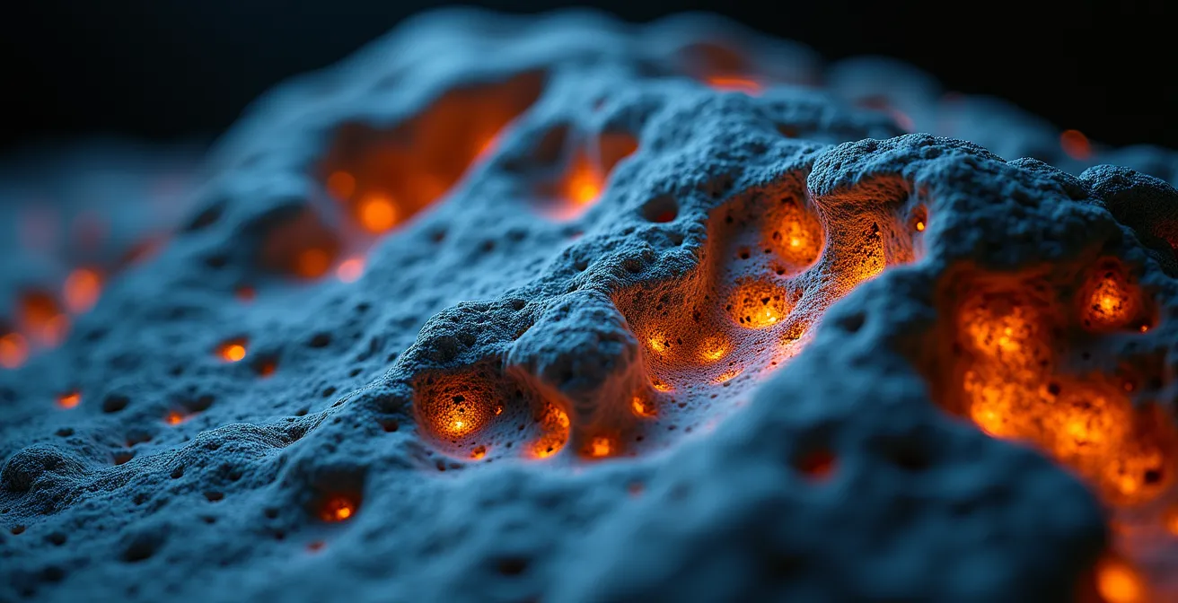 Detalle macro de proyección de video mapping sobre superficie escultórica irregular mostrando texturas de luz