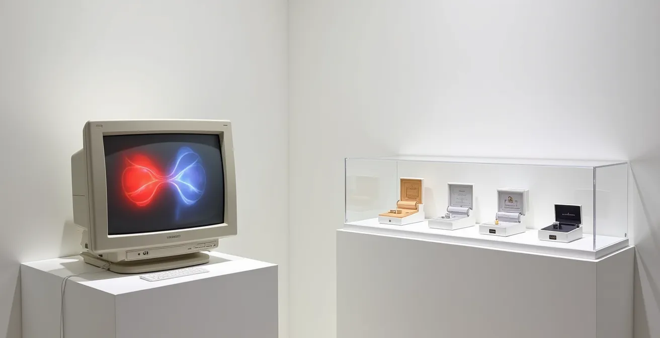 Instalación de videoarte con monitor vintage y certificados de edición limitada en ambiente de galería