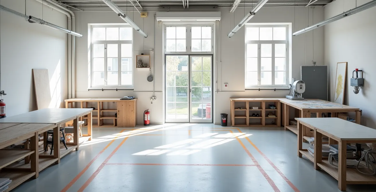 Vista aérea de un taller de 30m² zonificado con áreas separadas para diferentes procesos artísticos